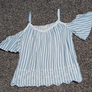 Blue and White Striped Cold Shoulder Top
